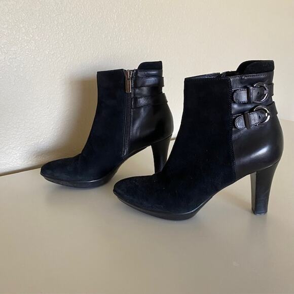 Aquatalia by Marvin K Black Leather Suede Ankle Boots Buckle 3" Heel Women's 6B - Picture 13 of 13